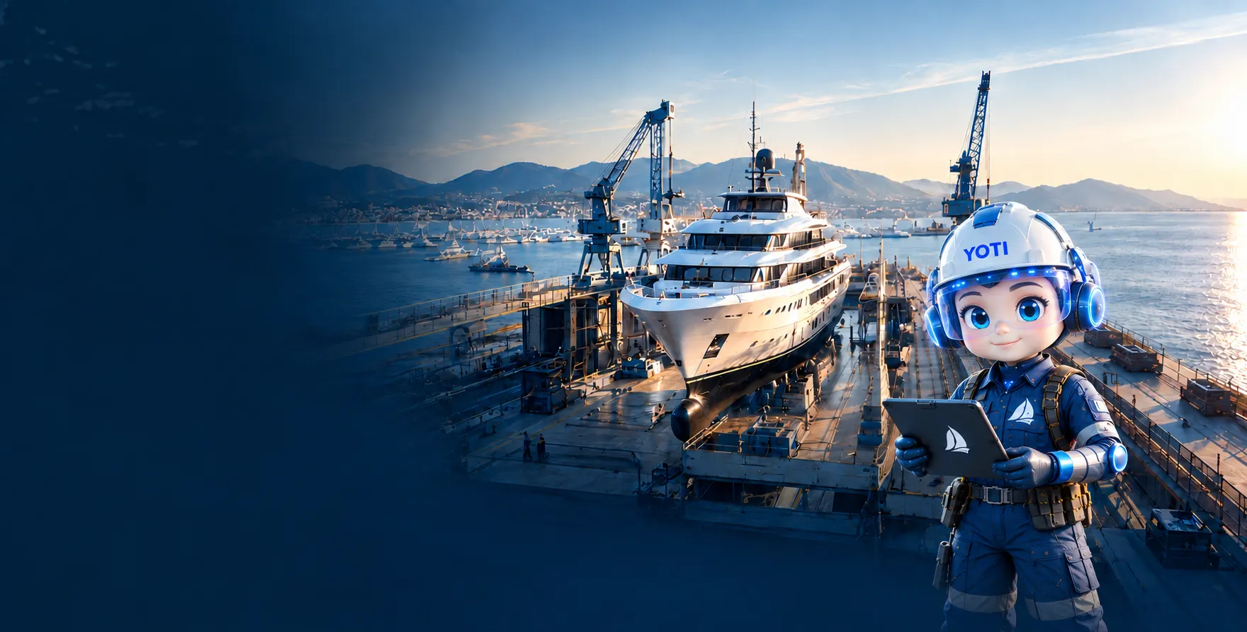 Yoti, la mascotte de YotiPro, casque blanc et tablette à la main, sur le quai d'un chantier naval au soleil couchant : un yacht au sec sous les grues, la baie et les montagnes derrière.