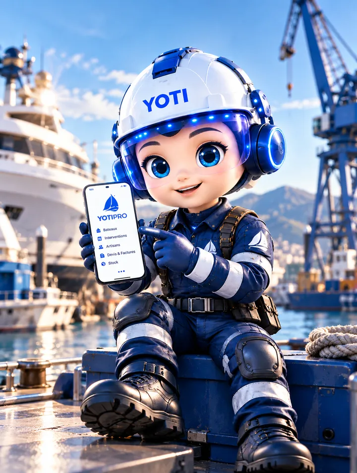 Yoti, la mascotte de YotiPro, assis sur le quai d'un port, montre l'application YotiPro affichée sur un téléphone : bateaux, interventions, artisans, devis et factures, stock.