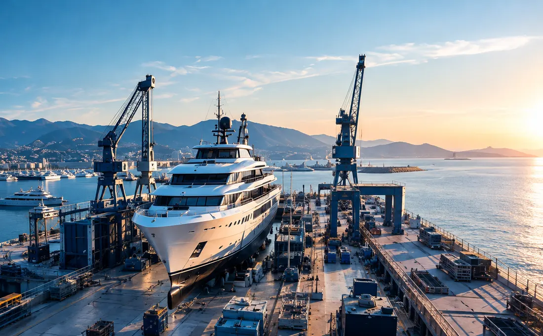 Un grand yacht au sec dans un chantier naval, sous les grues, au coucher du soleil.