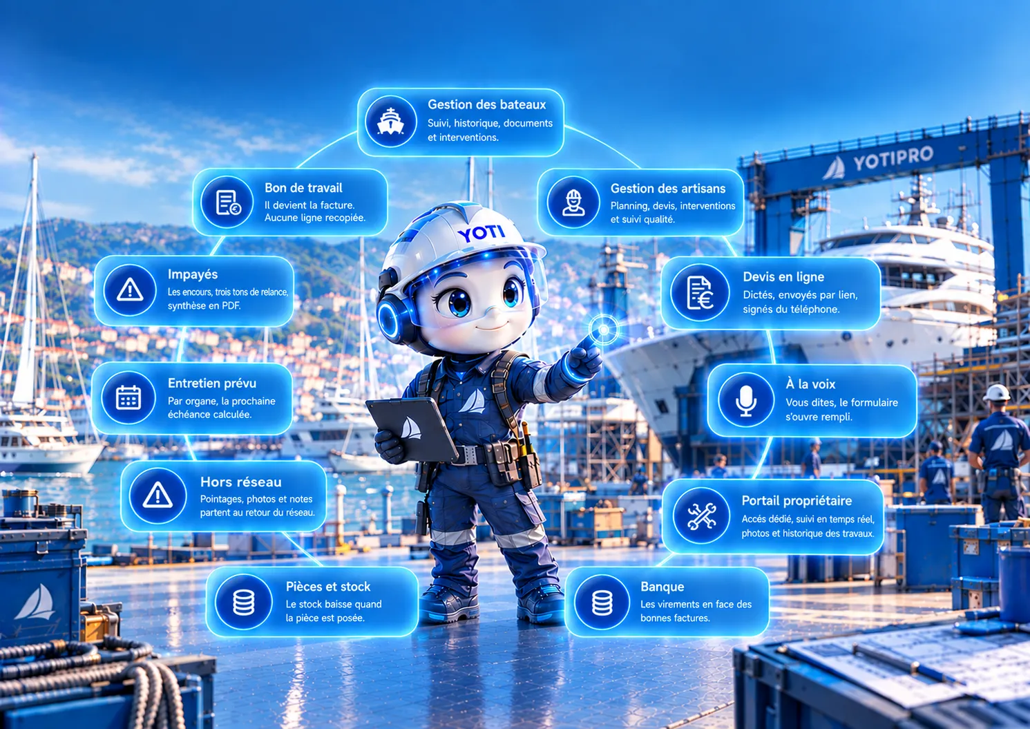 Yoti, la mascotte de YotiPro, sur le quai d'un chantier naval, entourée des fonctions de la plateforme : gestion des bateaux, bon de travail, gestion des artisans, impayés, devis en ligne, entretien prévu, à la voix, hors réseau, portail propriétaire, pièces et stock, banque.
